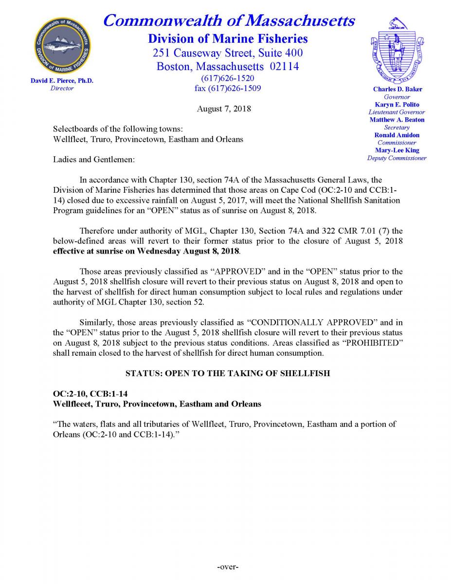Effective 8.8.18 reopening of shellfish taking