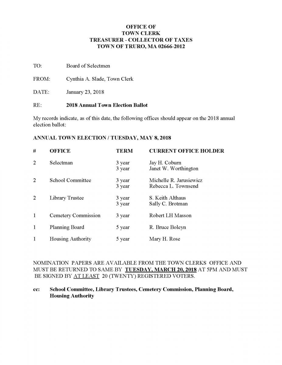 Town of Truro Offices on Election Ballot