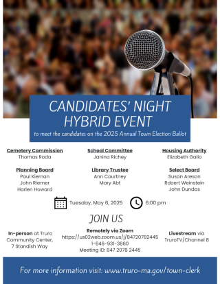 2025 Candidates' Night is Tuesday, May 6 at 6:00 pm to meet the candidates on the 2025 Annual Town Election Ballot