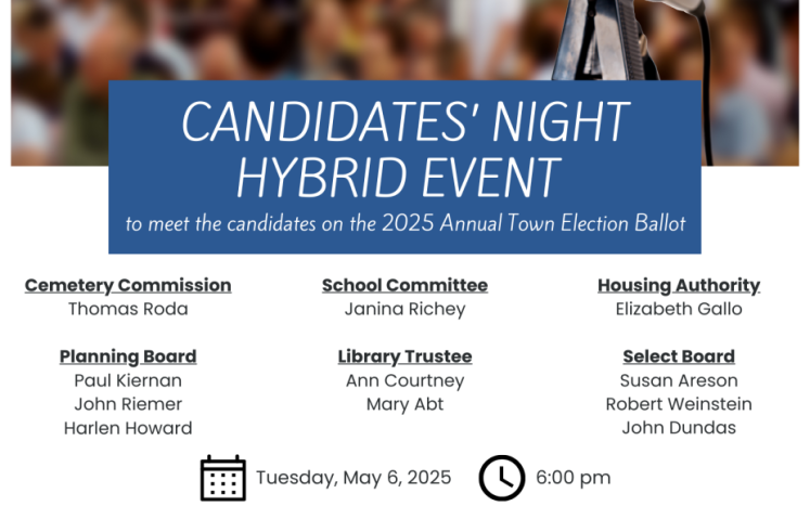 2025 Candidates' Night is Tuesday, May 6 at 6:00 pm to meet the candidates on the 2025 Annual Town Election Ballot