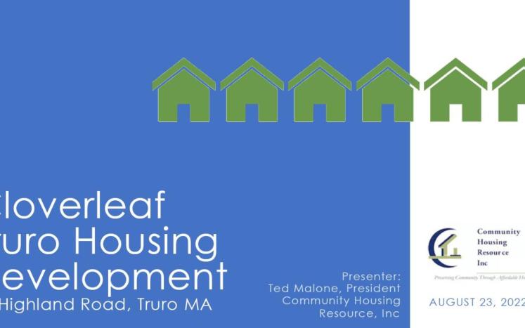 The presentation cover slide features the title, presenter name and icons of homes