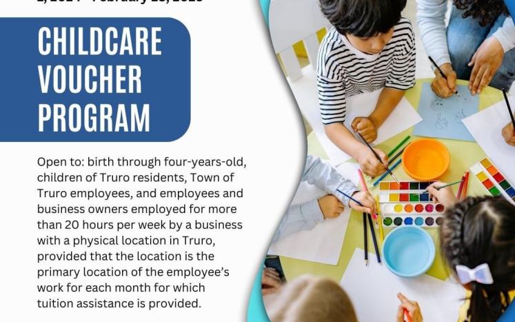 A flyer describing the childcare voucher program and featuring a picture of young children around a craft table