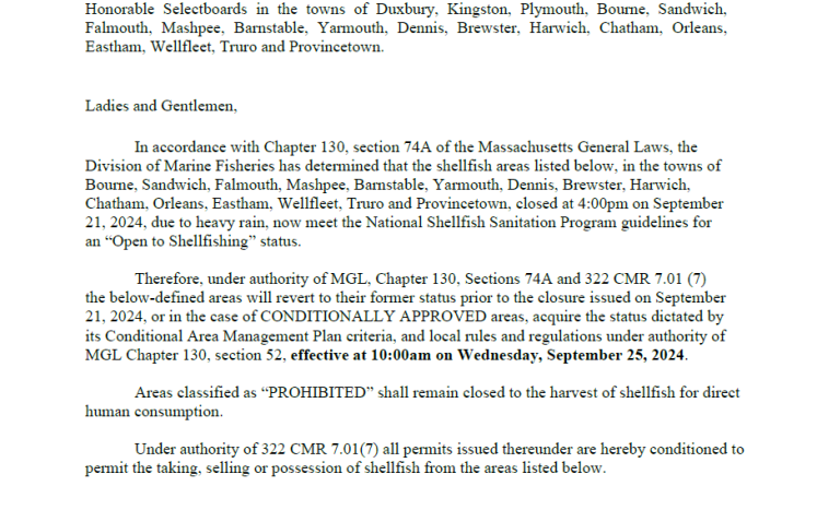 SHELLFISHING IS REOPEN TO THE PUBLIC.